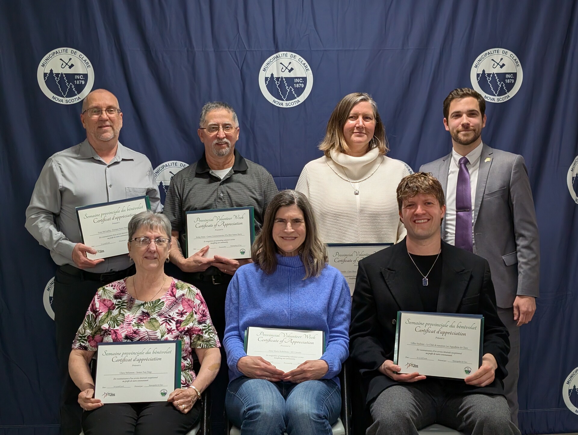 Back row: Yvon McCauley, Ricky Muise, Joanne Neddo, MLA Ryan Robicheau. Front row: Clara Melanson, Anne Marie Robicheau, Gilles Saulnier.