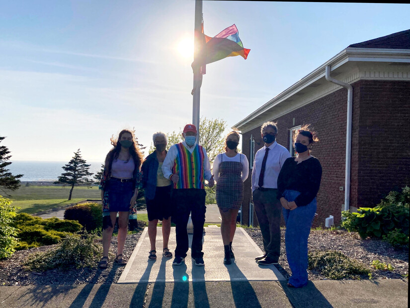 A handful of guests were invited to attend the COVID-19 compliant event. From left to right: Evelyn LeBlanc-Joyce of Fierté CLARE Pride, community activists Monette Robichaud and Jack Murphy, university student Renée Blinn, Warden Ronnie LeBlanc and Amy Paradis of Fierté CLARE Pride